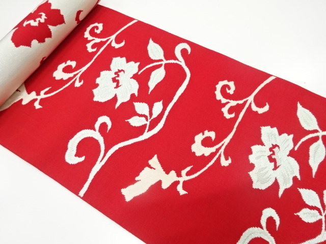 JAPANESE KIMONO / ANTIQUE BOLT FOR HASSUN OBI / WOVEN FLORAL ARABESQUE